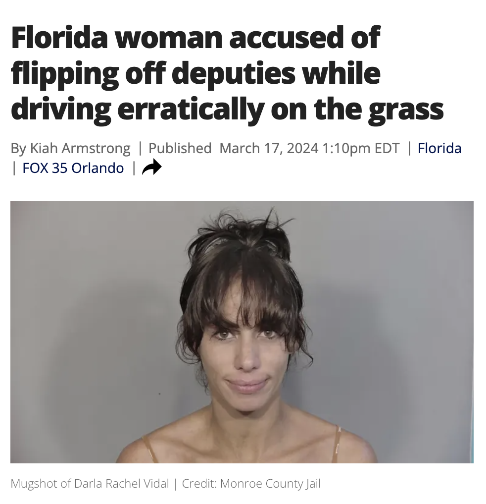 photo caption - Florida woman accused of flipping off deputies while driving erratically on the grass By Kiah Armstrong | Published pm Edt | Florida | Fox 35 Orlando | Mugshot of Darla Rachel Vidal | Credit Monroe County Jail